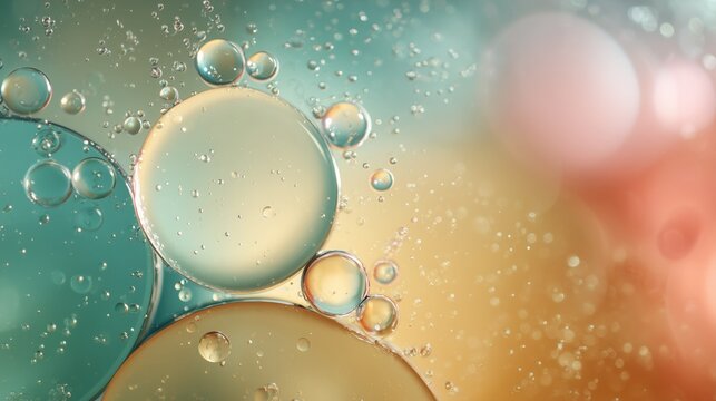 Transparent oil bubbles of varied sizes, glossy and smooth, set against gradient blue-green and yellow background with soft light and shadow, representing abstract visual art and modern aesthetic