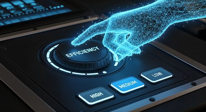 A digital finger turns a futuristic efficiency dial, a professional concept perfect for industrial optimization, performance control, and smart tech