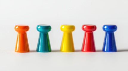 Vibrant pushpins arranged in a row against white background