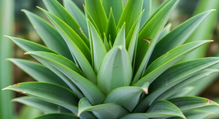 Close-up of vibrant green pineapple plant leaves, showcasing natural beauty and tropical growth.