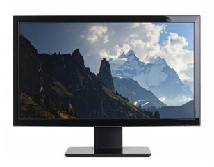 Monitor shows mountains, clouds, partially cloudy sky