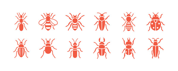 collection of solid icons representing insects, including bugs, beetles, and termites. The insect silhouettes are styled as glyphs for use in web and app designs. Vector graphics
