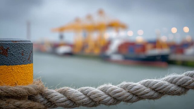 20Close-up of rust-streaked dockside bollard wrapped with thick, coarse rope, out-of-focus harbor containers and moored vessels creating depth