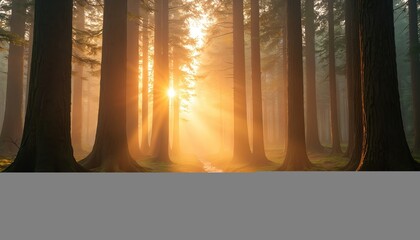 Golden sun shines through tall trees in foggy forest. Morning sunbeams create magical light in misty woods. Small creek flows over mossy ground. Tranquil, serene landscape beautiful, peaceful,