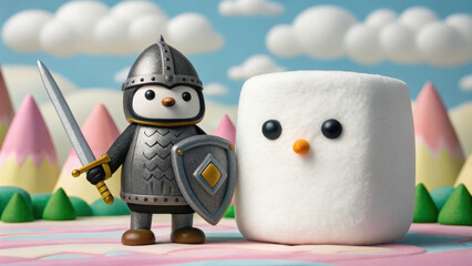Funny christmas scene with toy penguin knight holding sword and shield standing next to cute marshmallow character in colorful landscape