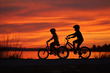 Obraz premium Silhouette of two children riding bicycles against a vibrant sunset sky