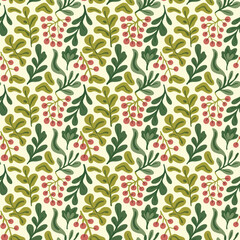 Seamless Botanical Leaf and Berry Pattern