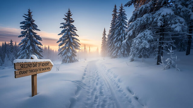 Snowy winter mountain landscape scene with frosted pine trees and a blue sky over a cold, snow-covered road sign in the forest