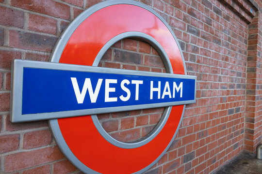 West Ham Underground Station Sign and Roundel. London, UK, 17 December 2023