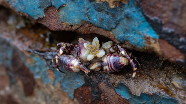26Macro of barnacles and rust on ship hull, layered marine textures in high detail