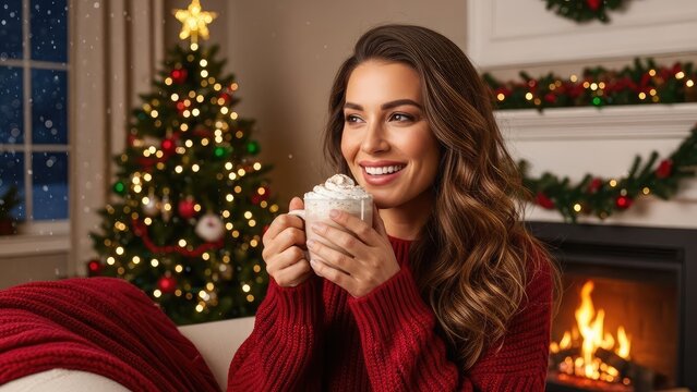 A smiling woman holding a cup of hot cocoa surrounded by Christmas cheer.