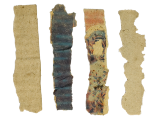 Set of Four Vertical Torn Vintage Paper Strips with Faded Print and Texture