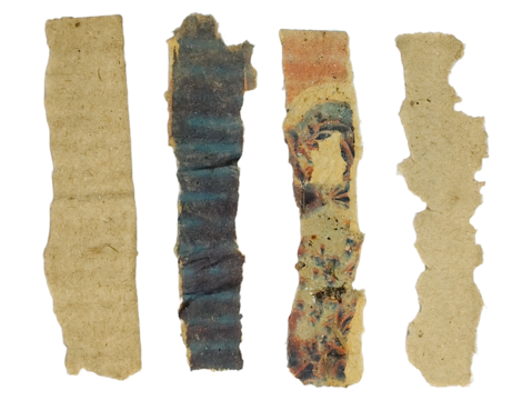 Set of Four Vertical Torn Vintage Paper Strips with Faded Print and Texture