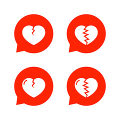 Heartbreak in red speech bubble icon. Cracked love symbol. Breakup heart sign