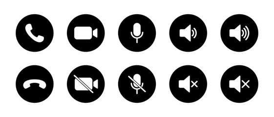 Phone call, hang up, record mic, mute, speaker volume, and silent icon in black circle. Communication element symbol