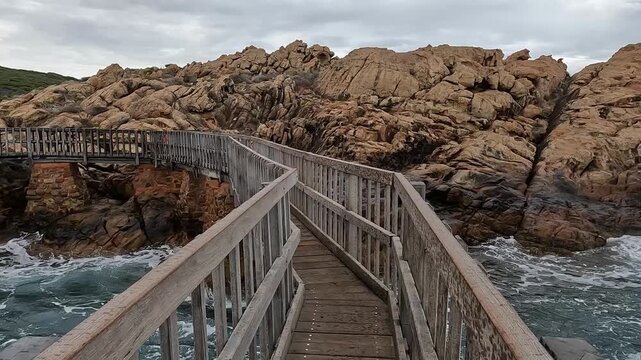 Canal Rocks Footbridge, Overcast View of Timber Walkway Amidst Sculpted Granite and Crashing Indian Ocean Waves, Western Australia