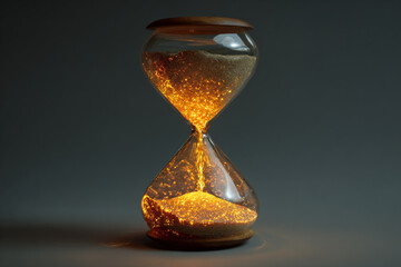 Hourglass filled with glowing golden sand against a dark backdrop
