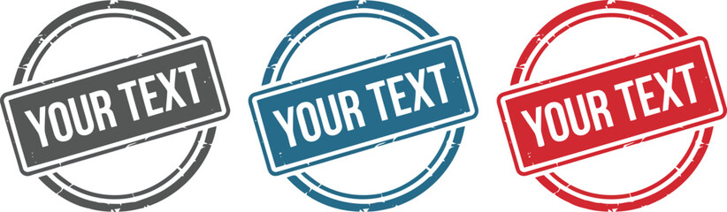 Set of three distressed round stamps with rectangular labels in grey blue and red colors