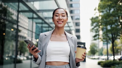 Smiling young asian businesswoman walking in city, using smartphone and holding coffee cup - Powered by Adobe