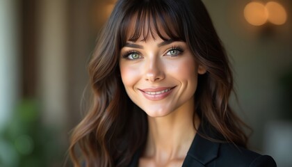 Elegant young woman with long brown hair, bangs smiles warmly. Wears vinous business suit, delicate makeup with green eyes, long lashes. Portrait conveys confidence, approachability for pro settings.