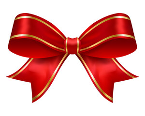 Red ribbon bow with gold trim, glossy decorative vector element for gifts, cards, holidays, Christmas, celebrations, packaging and premium festive design