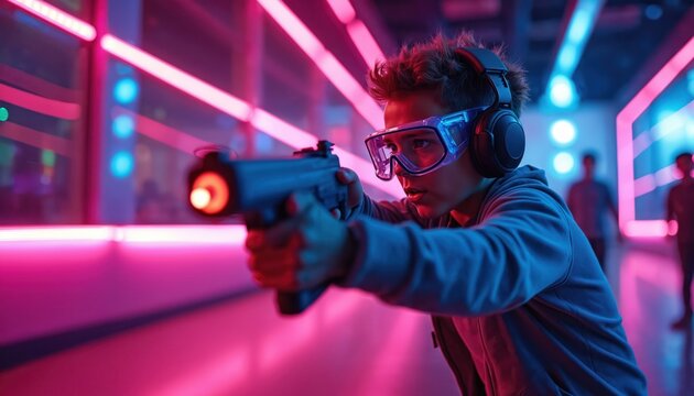 Young boy plays laser tag game, aiming futuristic gun. Wears blue tech goggles, headphones. Kid focused, aiming in vibrant neon lit room with pink, blue lights. Boy enjoys active fun, competition