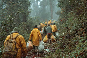 Cheerful volunteers collecting garbage in a nature cleanup activity on a foggy day