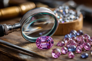 Magnifying Glass Examining Pink Gemstones on Wooden Table