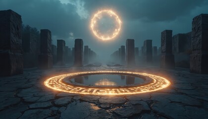 Mysterious ancient ritual place under dark cloudy sky. Glowing magic circle portal floats above tall stone pillars array. Engraved fiery ring on cracked ground surrounds calm water pool. Eerie mystic