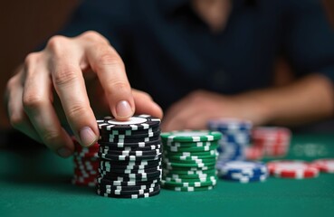 Person makes bet during poker game at casino table. Hand moves stack of black, white chips. Player makes tough strategic decision on green felt. Ready to play real cards, gamble, taking big risk for