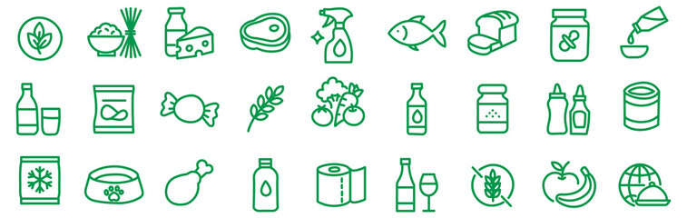 Grocery food and product categories line icon set with items like fruits, meat, pasta and beverages. Vector illustration pictograms of snacks, candy, sauces, cereal, grains, wine, editable stroke.