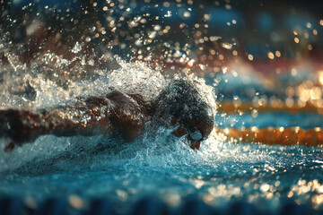 Swimmer performs a dynamic butterfly stroke during an exciting competition dive at the pool