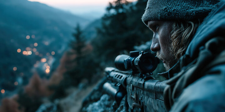 Silent vigilance from a high vantage point by a skilled sniper at twilight