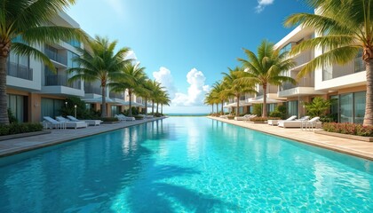 Resort infinity pool with palm trees and modern hotel buildings on sunny day. Turquoise water reflects blue sky with clouds. Ocean visible in distance.