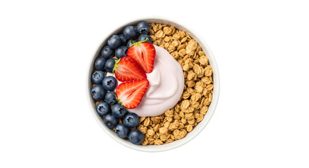 Healthy breakfast bowl with granola yogurt and berries isolated on white background