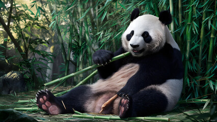 Obraz premium Giant panda sitting in a lush bamboo forest eating bamboo stalks in its natural habitat