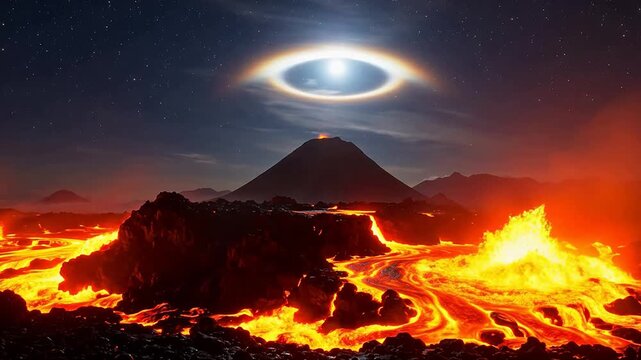 Volcano erupting with glowing lava under night sky
