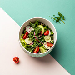 Fresh Garden Salad Bowl with Vibrant Vegetables on Dual-Tone Background