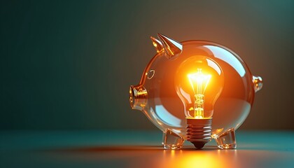 Glass piggy bank holds glowing light bulb. Concept for saving energy, money on electricity bills. Financial metaphor for power consumption, smart home investment, bright ideas, eco innovation,