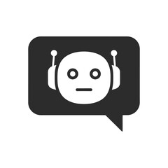 Robot head communicates through speech bubble on gray backdrop, conveying artificial intelligence and technological advancement with neutral expression.