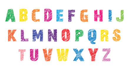 Crayon. Font. Alphabet. A colorful hand drawn vector alphabet with a crayon or chalk texture for a children's book, a school project, a party invitation, or a fun and creative design.