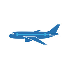 Blue airplane soars through the sky, representing travel and transportation with clean lines and a modern aesthetic, suggesting efficiency and speed.