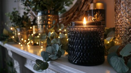 Cozy ambiance with glowing candle and greenery