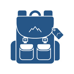 Fototapeta premium Blue backpack with mountain tag sits ready for adventure, symbolizing travel and exploration with a minimalist aesthetic.