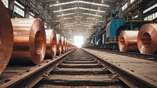 Large copper metal coils lined up on railway tracks inside a vast industrial factory