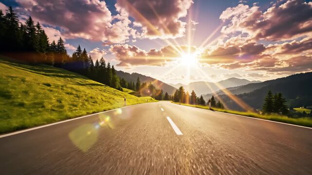 Scenic mountain road at sunrise with a vibrant sunburst over green hills and dramatic clouds - Powered by Adobe