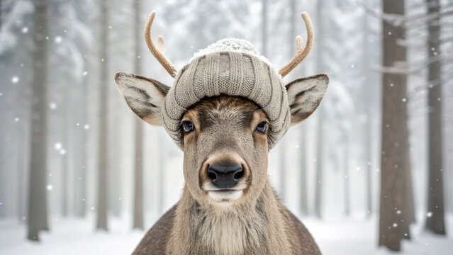 Funny christmas reindeer wearing cozy wool hat in snowy winter forest with soft falling snow and joyful expression on face