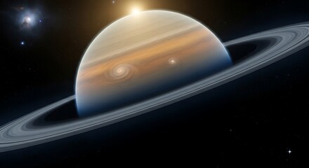 The majestic ringed planet Saturn illuminated by a bright sun in deep space.