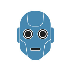 Blue robot head stares blankly forward against a white backdrop, creating a minimalist and futuristic aesthetic, evoking feelings of technology and artificial intelligence.