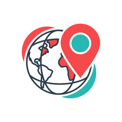 Globe with location pin marking a specific spot, symbolizing travel and global connectivity, in a modern and minimalist style.